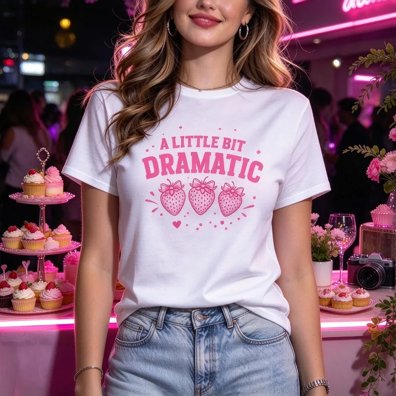 A Little Bit Dramatic Women's T-Shirt, Strawberry Bow Modal Tee, Casual Girls Night Party Graphic Daily Outing Women's Top