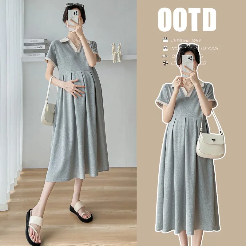 Maternity Summer Dress New Clothes For Pregnant Women  Loose Long Casual Simple Cute Peter Pan Collar Pregnancy Dresses