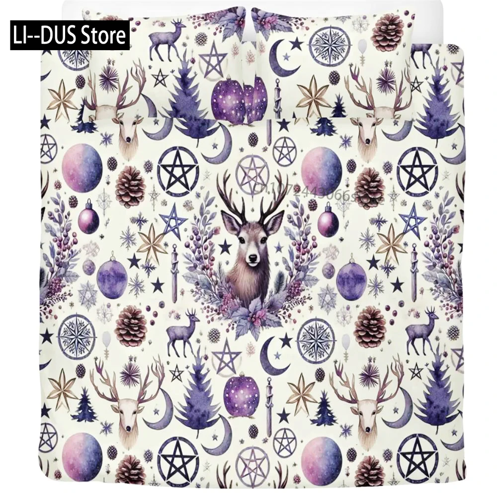Cottagecore Winter Deer Forest 3 Pcs Beddings, Pine Christmas Bedroom Decor, Purple Holiday Vibe Duvet Cover Pillowcase Set