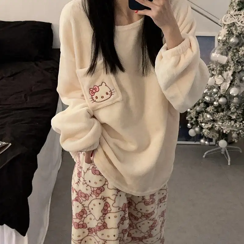 Kitty cat pajamas female winter thickened long-sleeved flange coral velvet ins cute set head round neck homewear suit