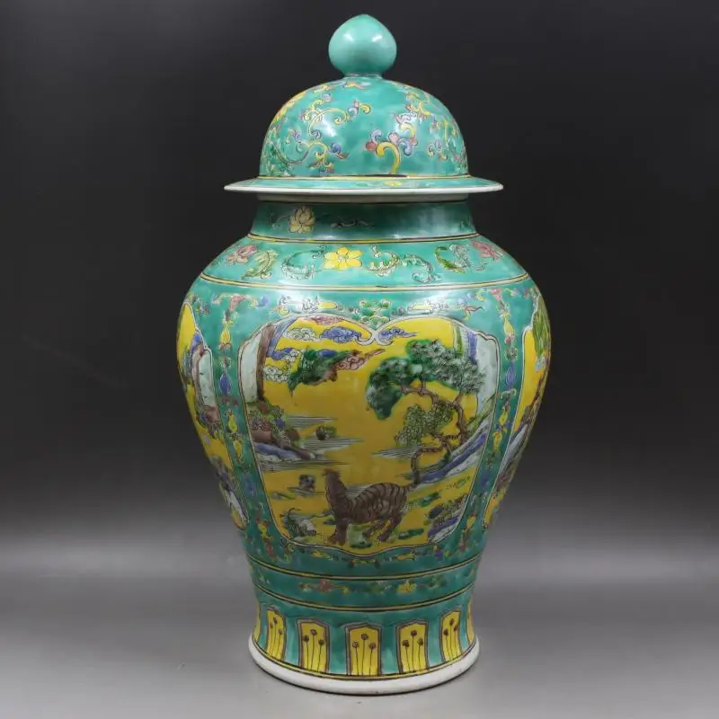 Qing Kangxi Green Space Pastel Character Pine Crane General Jar Collection Ancient Porcelain Antique Jar