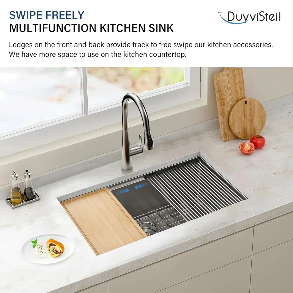 Stainless Steel 32-inch Deep Single Bowl Undermount Kitchen Sink, Handcrafted 16 Gauge Workstation Sink for Counter