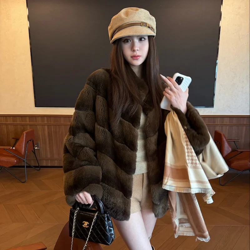 New High Quality Real Natural Rex Rabbit Fur Coat for Women Long Sleeves Luxury Fur Coat Thick Warm Outerwear Female Jackets