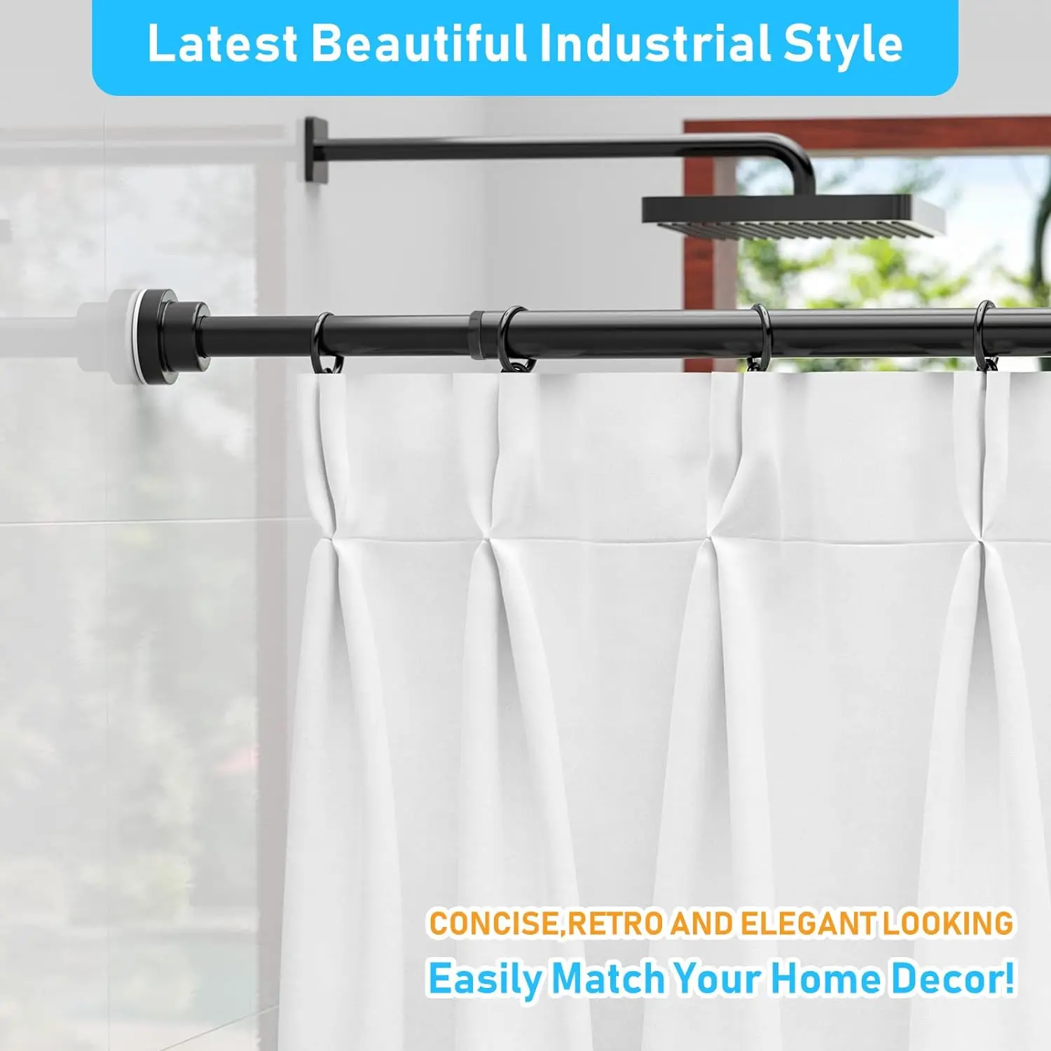 42-71 inch Black Shower Curtain Rod Black Shower Rod Adjustable Shower Tension Curtain Rod No Drilling, Anti-Slip No Rust,