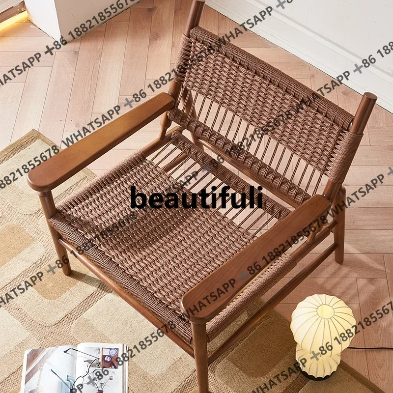 Rope back leisure chair household simple hemp rope solid wood sofa chair, bed and breakfast balcony three-piece set