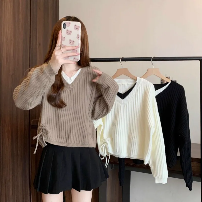 Women's 2026 Autumn Winter New V Neck Long Sleeve Faux Two Piece Drawstring Knit Sweater Slimming Chic Coquette Trendy Jumper