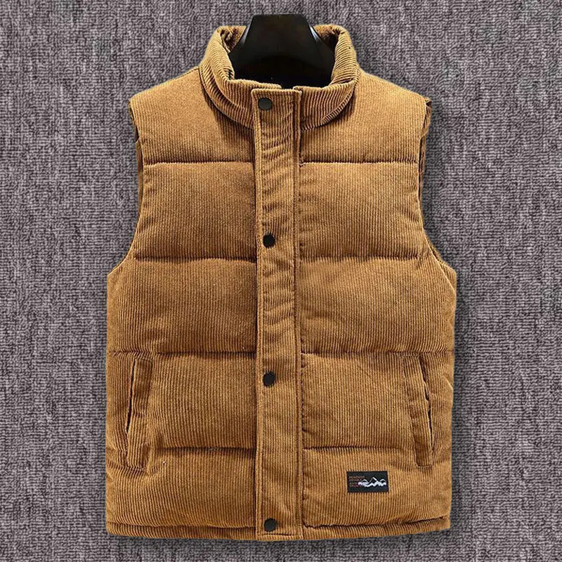 

Men's Winter Vest Corduroy Stand Collar Fashion Resistant Winter Outdoor Zipper Sleeveless Warm Puffey Jacket Vest Coat