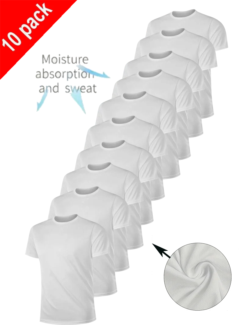 

Men's 10-Piece Solid White Round Neck Mesh Breathable Moisture Wicking Casual Wear for Layering or Outerwear Gym Workout Sports
