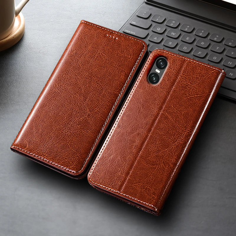 

Crazy Horse Genuine Leather Flip Case For Sony Xperia 1 5 10 II III IV V VI VII Plus Phone Cover Card Cases Scratch Proof