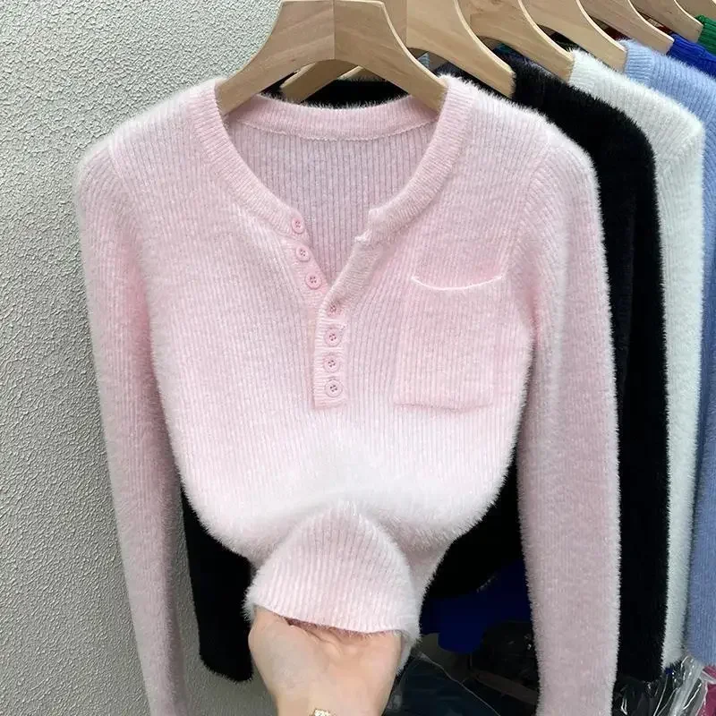 Mink Plush Sweater with Knitted Bottom for Women's Short V-neck Top Pullover Jumper Single Row Button V-neck Short Top