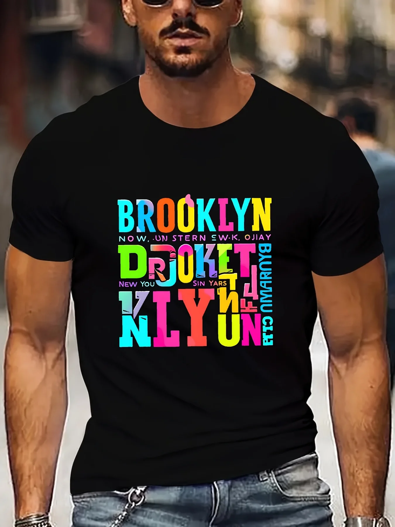 2026 Mens Crew Neck T-Shirt - Brooklyn Pattern Colorful Text Short Sleeve Shirt Pink, Green, Yellow, Purple, Blue, Orange, Red -