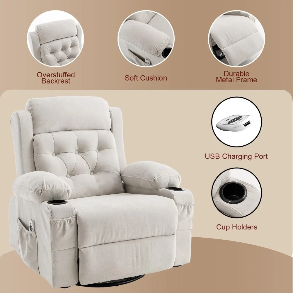 Cadeira reclinável de balanço estofada com massagem e calor, poltrona reclinável giratória ergonômica de meados do século para sala de estar