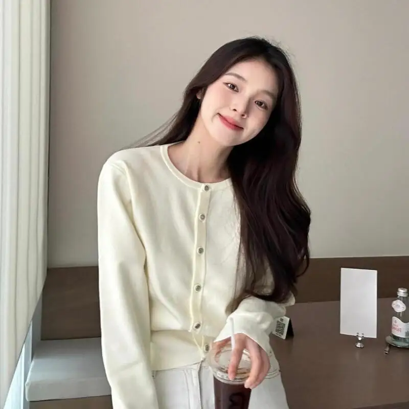 

Корейский вязаный кардиган-пальто для женщин: тонкий, приталенный, с длинным рукавом, для повседневной носки весной и летом