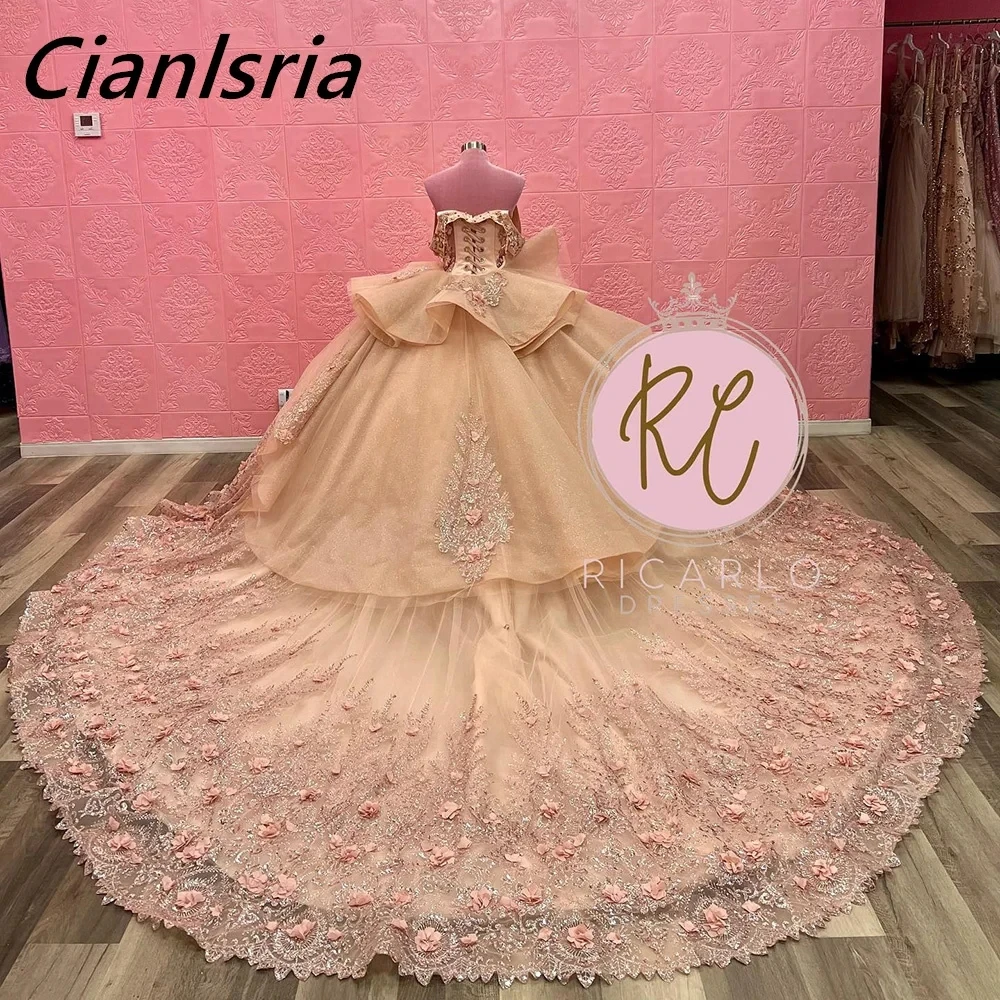 Vestido De baile De quinceañera con volantes y cuentas De cristal champán, apliques De ilusión, encaje 3D, corsé De flores, 15 Años