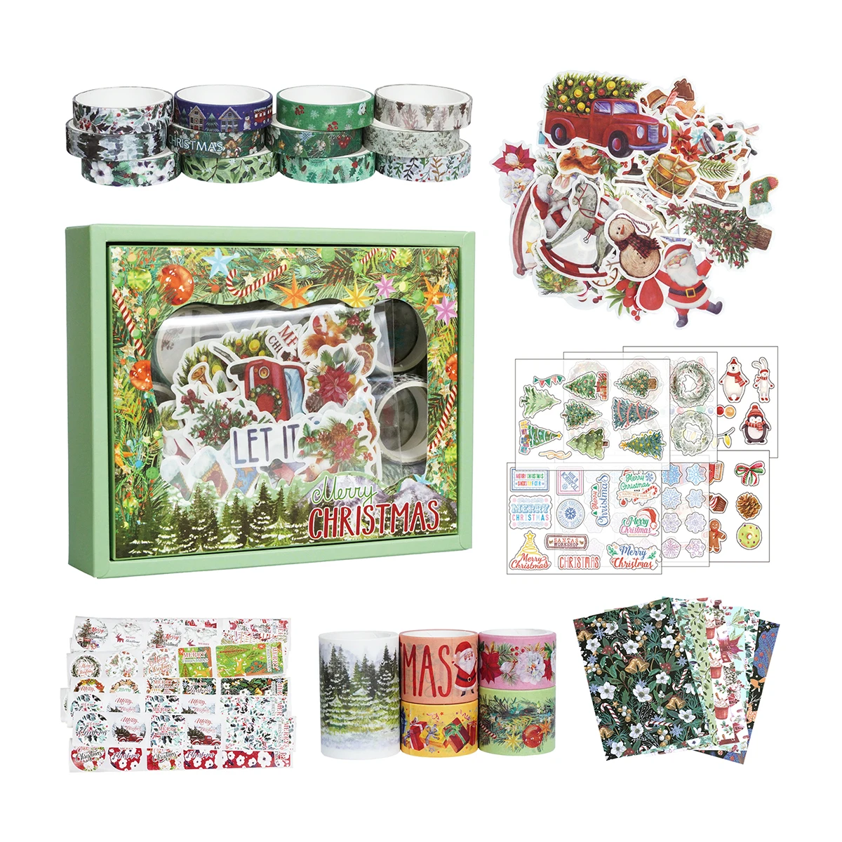 1 box of Christmas sticker tape gift setSuit, with different Christmas designs, suitable  DIY album planner decoration materials