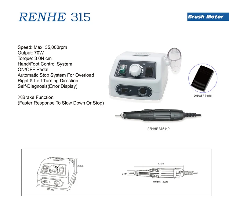 RHJC RENHE 315 70W Mikromotor 35000 U/min Schnellstoppbremse 2,35mm Spannzange Schmuck-Gravur Polier-Handstück Rotationsmaschine – Detail 1