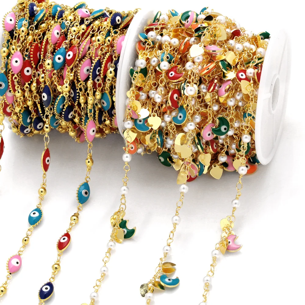 

OCESRIO 10M Enamle Evil Eye Beads Chain for Necklace DIY Copper Gold Plated Moon Blue Eye Jewelry Making Findings cana202