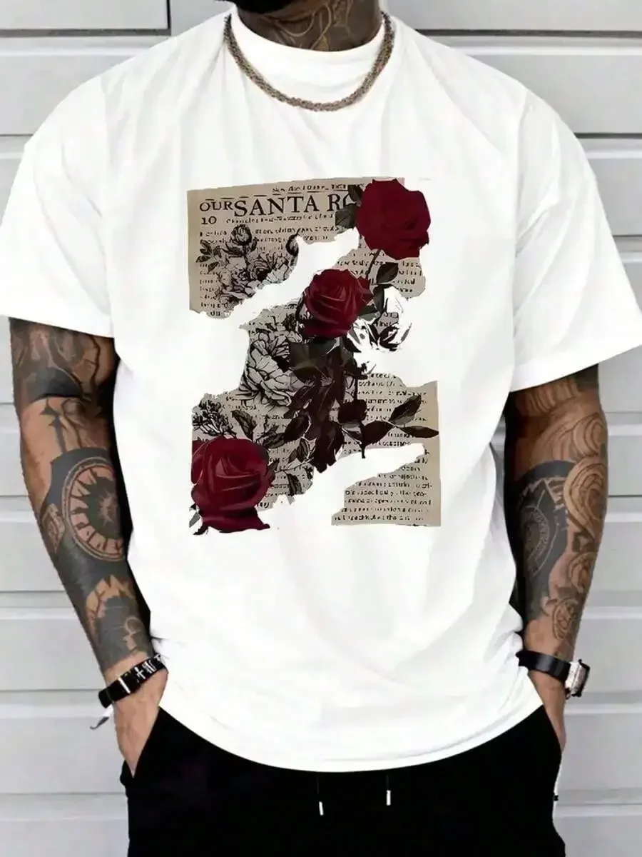 1 Piece, 100% Cotton, Printed T-Shirt With Rose Newspaper Pattern, Casual Men's T-Shirt In Season, T-Shirt With Round Neck And C