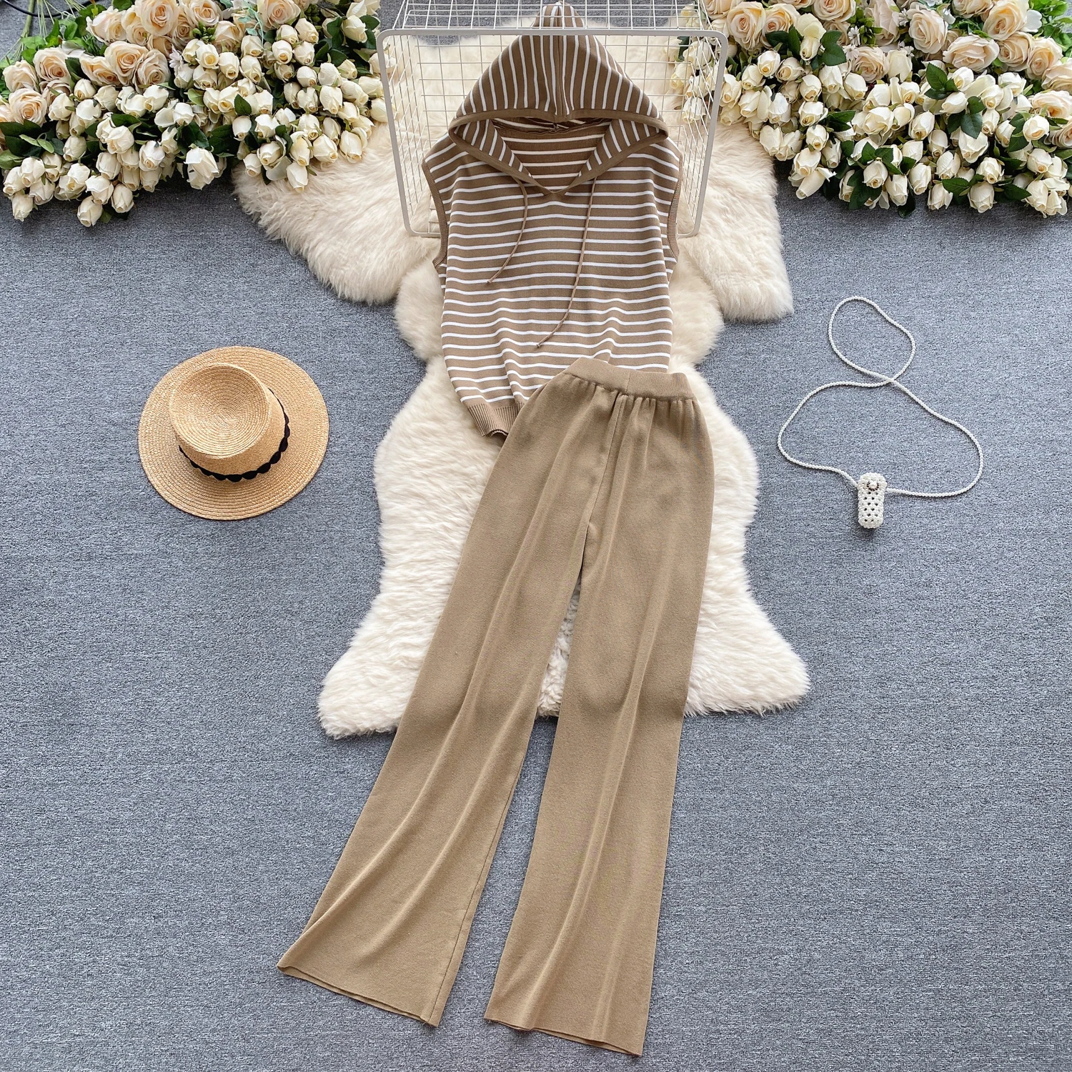 

Casual Sleeveless Knit Set Women's Retro Striped Hooded Knittted Tops + LooseWide-leg Pants Female Outfits