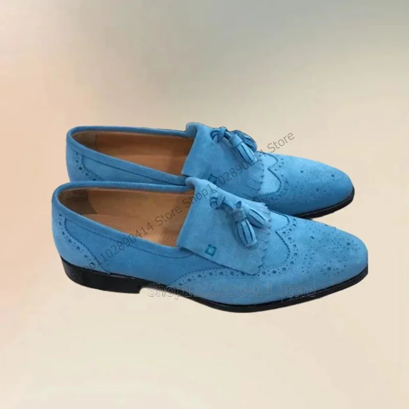 Blue Carving Design Tassels Decor Flock Loafers Fashion Slip On Men Shoes Luxury Handmade Party Feast Banquet Men Casual Shoes