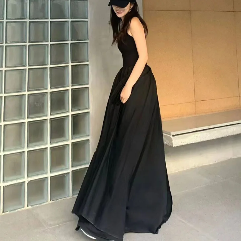 Lucyever Korean Fashion Black Maxi Dress Women Summer Sleeveless Spaghetti Strap Dresses Female Elegant Patchwork A-Line Dress