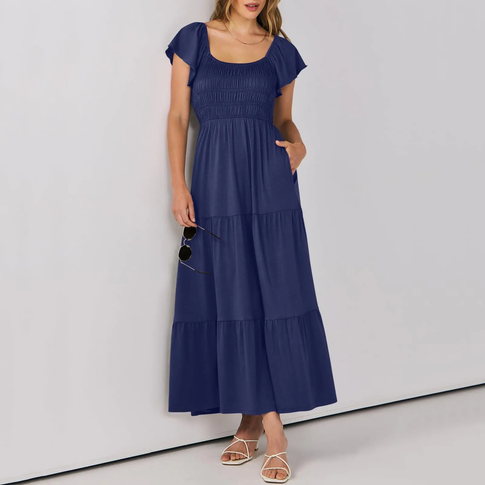 

Women Summer Casual Long Dress Elegance Flutter Short Sleeve Suqare Neck Elastic Waist A Line Slim Maxi Dresses Folds Vestidos