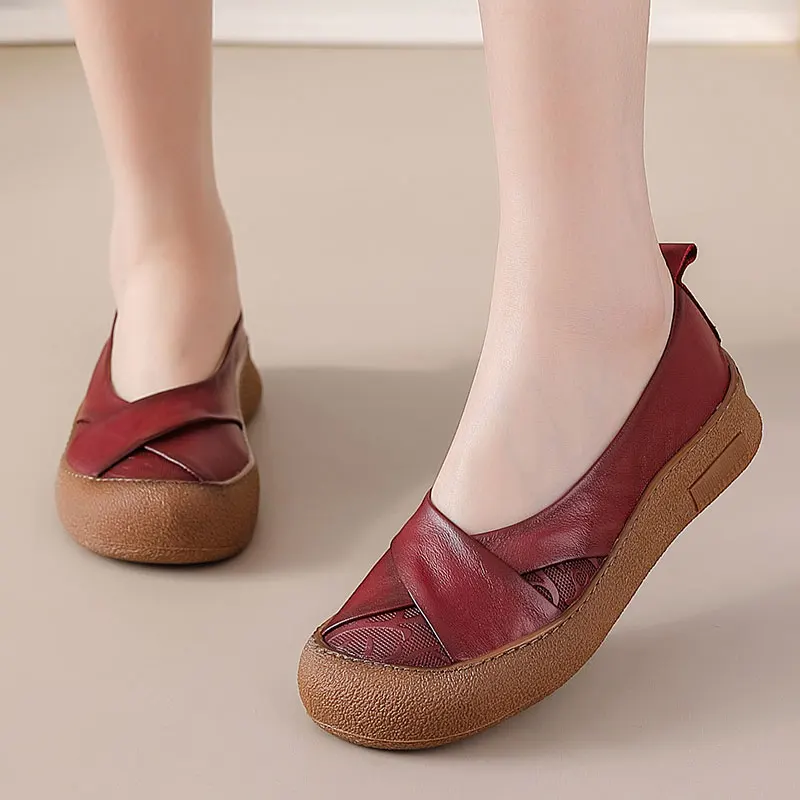 

New real leather ballet flats women's V neck slip on shoes woman retro crisscross folding moccasin lady embossed pattern loafers