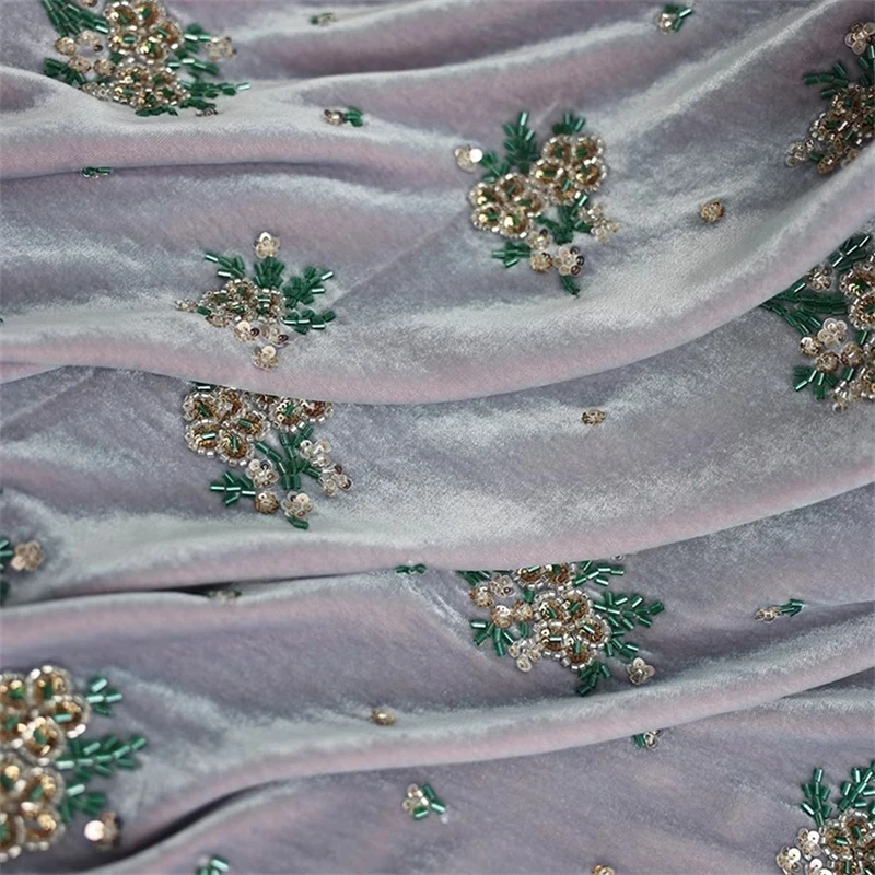 135cm Width Light Purple Silk Velvet Fabric Heavy-duty Sequins Nail Bead Embroidery Qipao Jacket Luxurious Mulberry Silk Fabric