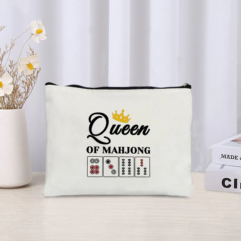 Mahjong Print Canvas Cosmetic Bag Zipper Storage Pencil Bags Wallet Travel Perfume Lipstick Makeup Bags Gift for Gambling Lover