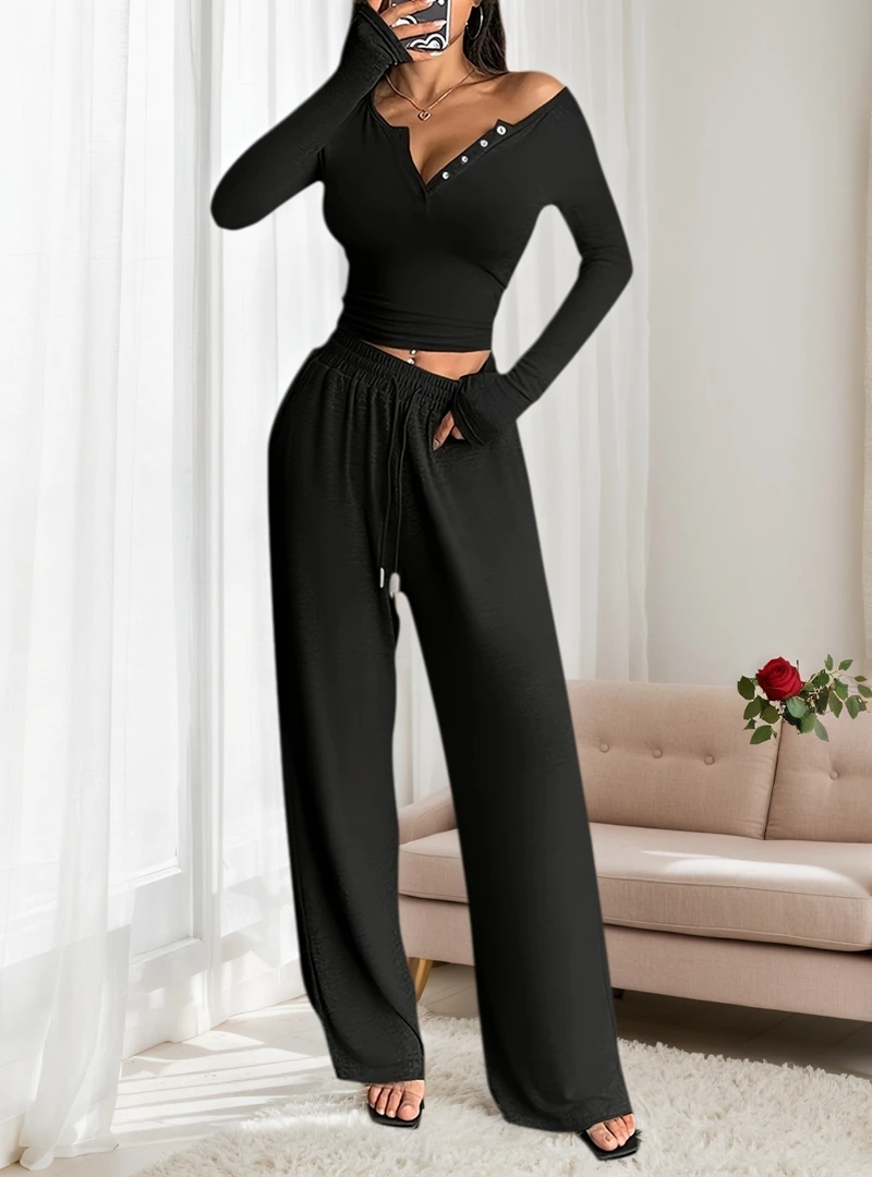 

Women's Chic Satin Pajama Set With Buttons Decor Long-Sleeve V-Neck Low-Cut Crop Top And Pants Slim Relaxed Fit Casual Attire
