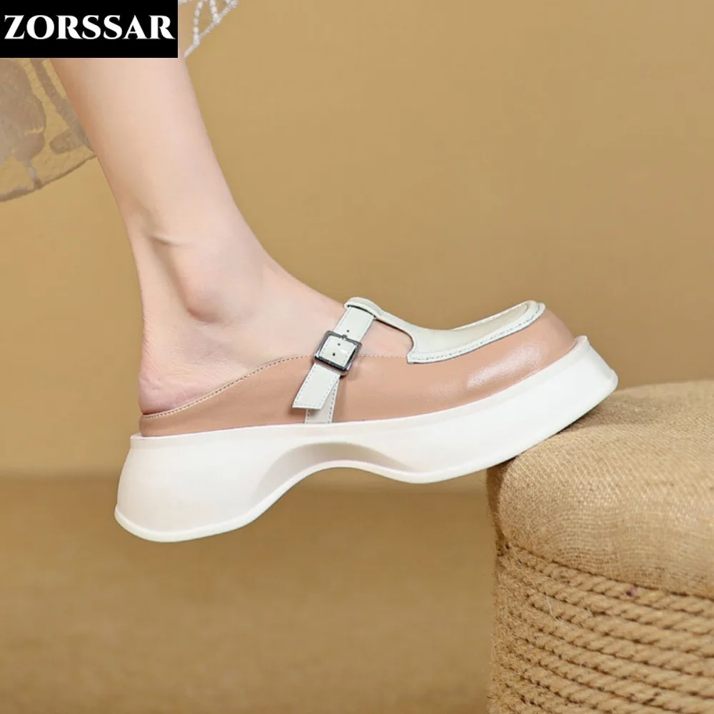 

Summer Women Sandals 5cm Platform Baotou Half Slippers Mules Shoes Outdoors Genuine Leather Female Fashion Thick Bottom Slides