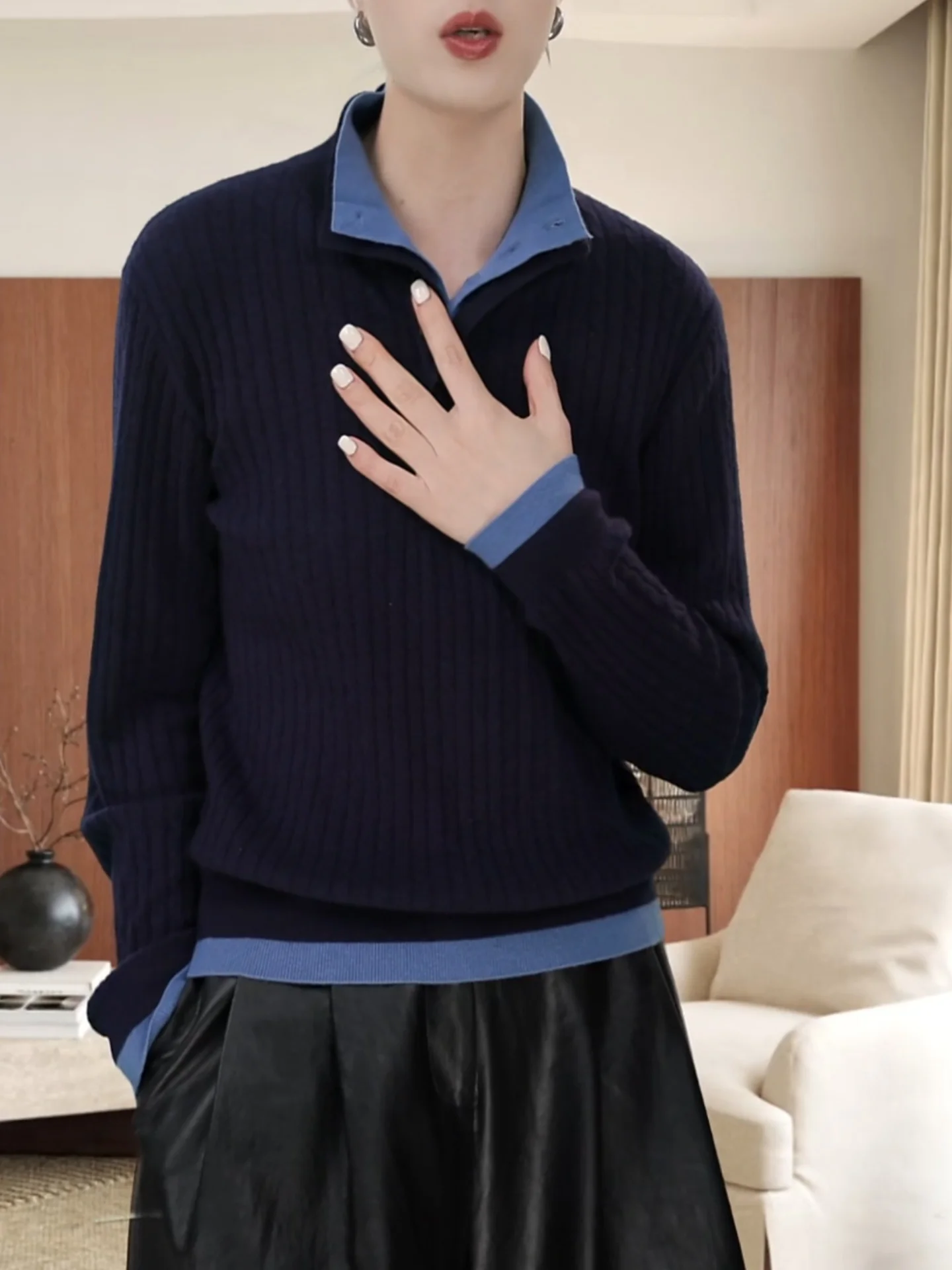 Blue Knitted Base Layer irt f Open Collar Women's Inner Wear Loose Fit Korean Sle Commute Autumn Winter New Arrival