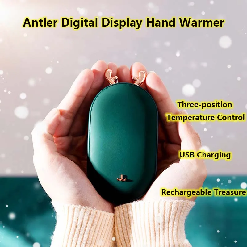 2 in 1 Antler Digital Display Hand Warmer USB Rechargeable Portable Three Gear Adjustable Hand Warmer For Home Office Outdoor