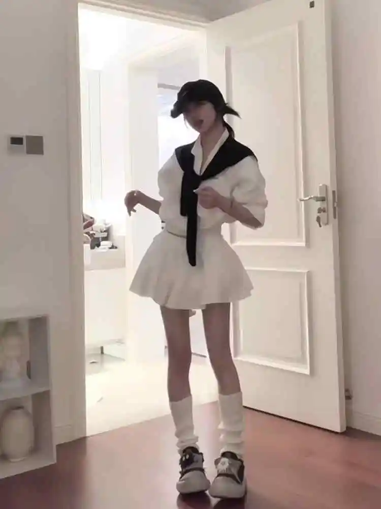 

Ele White irt Dr, женский летний корейский длинный топ све, внешний комплект с полуюбкой, модный комплект из двух предметов