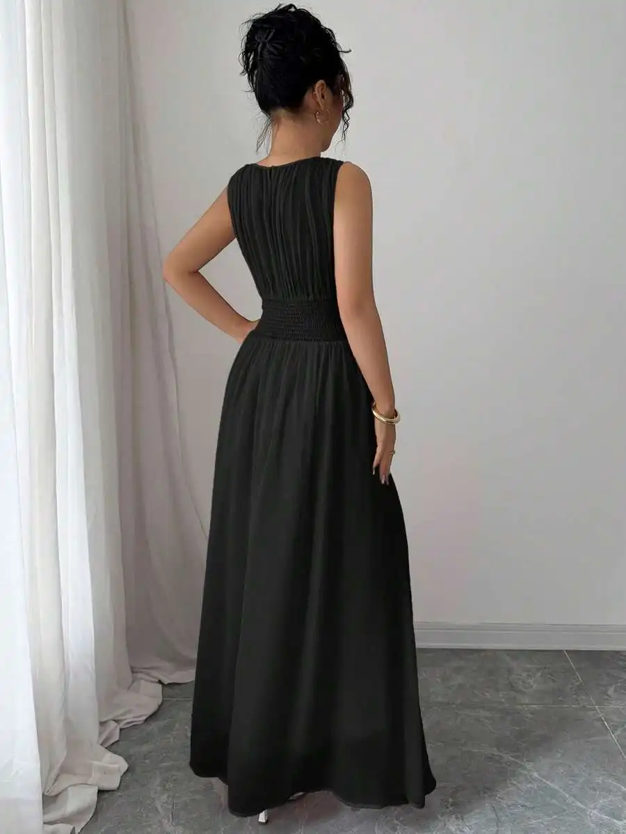 Women Mint Green Sleeveless Chiffon Maxi Dress With Drawstring Waist Elegant French Vintage Style view 5