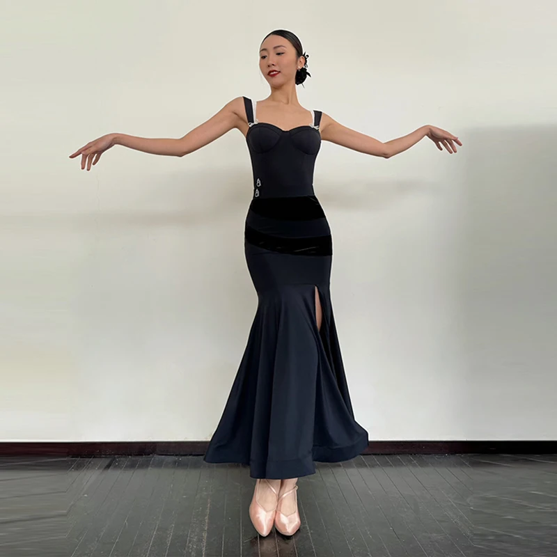 

Velvet Ballroom Dance Practice Costume Women's Black Waltz Prom Competition Performance Dress Adult Line Dance Clothing XH2988