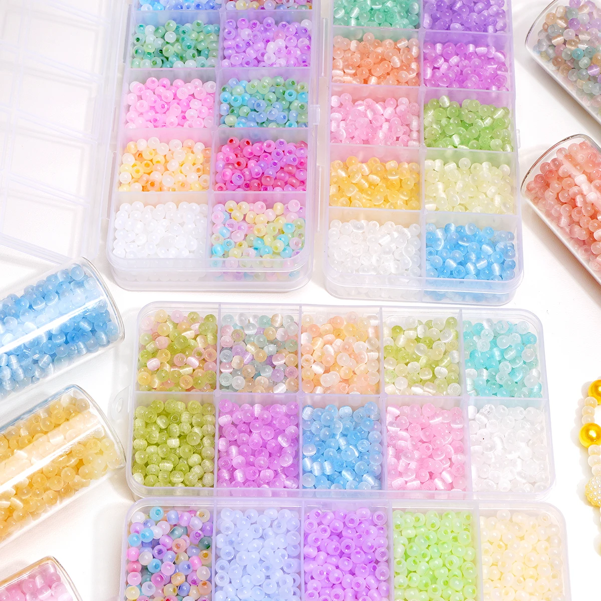 DIY Jewelry Making 10 Grids 4mm Cat's Eye Ice Glass Beads 8g/10g-Grid ≈1200-1500pcs for Necklace Bracelet Craft Kit