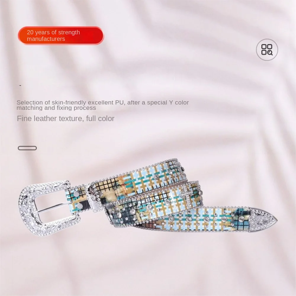 New Cowboy Style Rhinestone Decor PU Belt Colorful Printed Studded Strap Ornate Crystal‑Inlaid Metal Pin Buckle