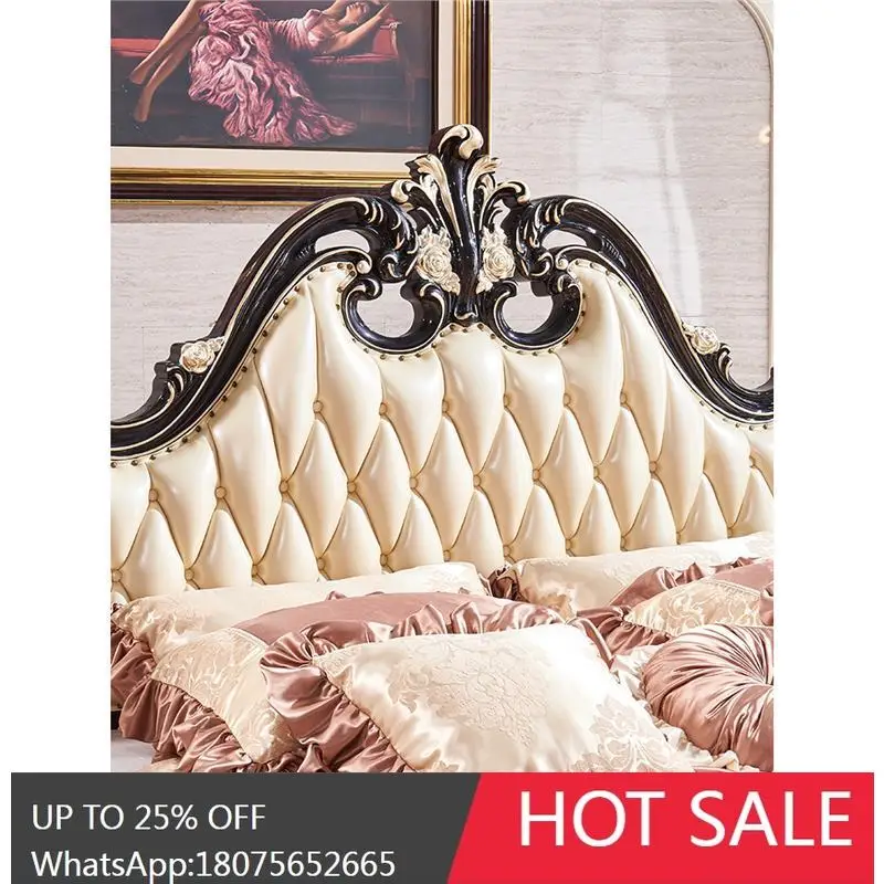 HLZ Solid Wood Bed European Style Genuine Leather 1.8m Double Bed Bedroom Ebony Color Furniture