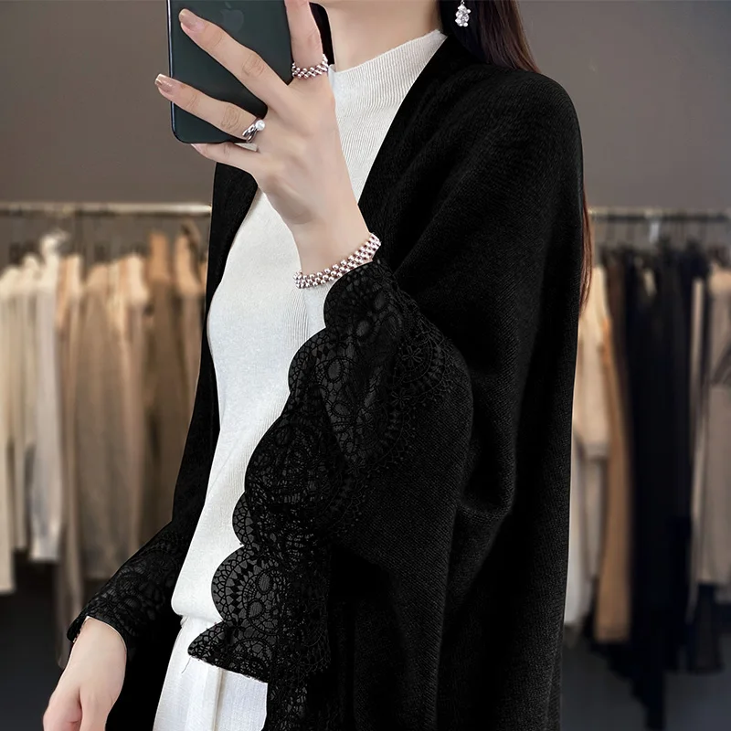 Women New Trend 100% Merino Wool Multifunctional Shawl Lace Perfect Accessories Wrap Casual Scarf Warm Knit Cardigan Mantles