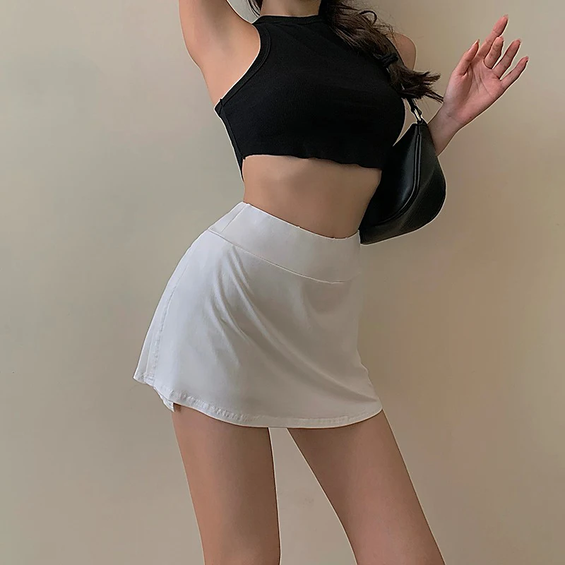 Women's Tennis Mini Skirt Solid Color High Waisted Casual Wrap Skirt Mini Skirt with Lined Shorts for Active Commuting