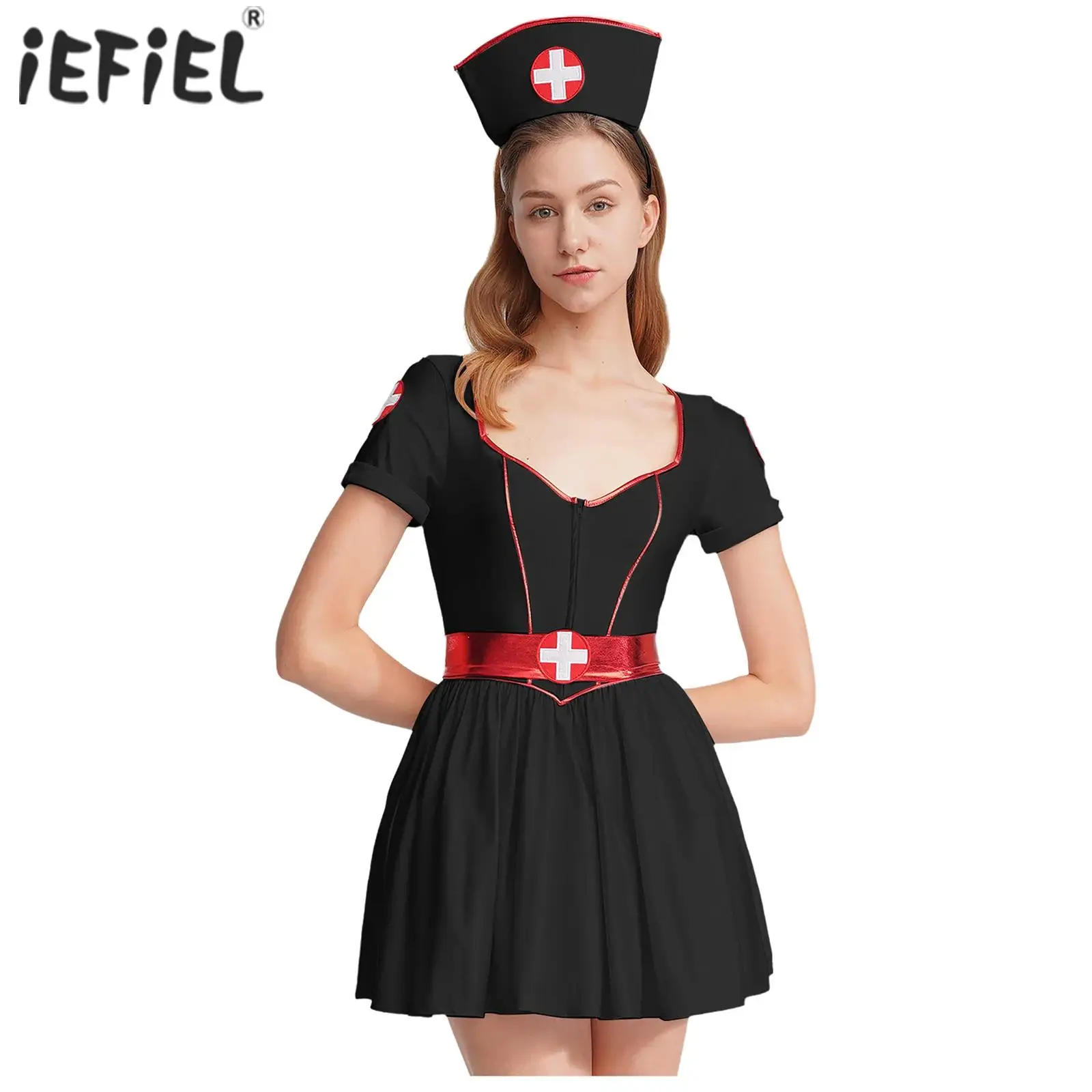 

Womens Naughty Nurse Cosplay Costume Halloween Party Outfit Sweetheart Neckline Short Sleeves Tutu Dress with Headband and Belt