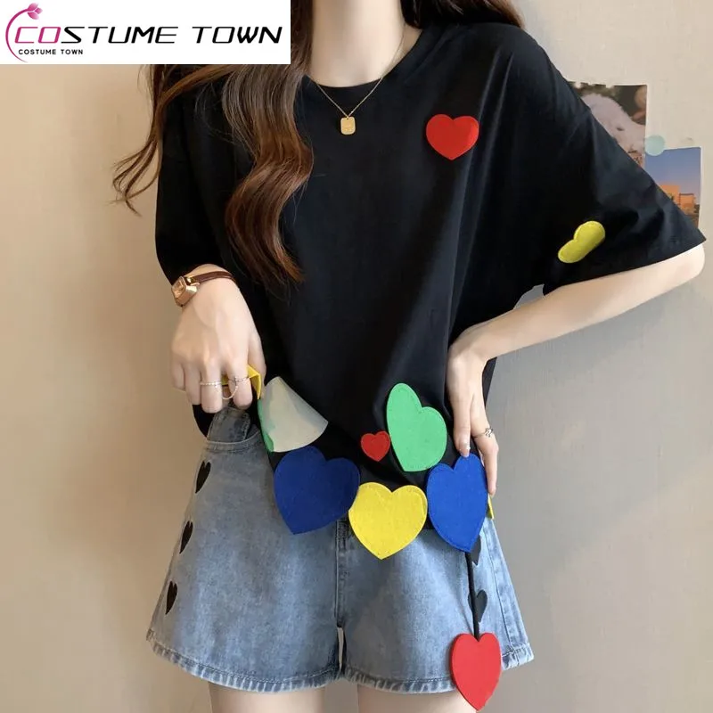 Short Sleeve T-shirt Thin Thread Denim Shorts Two Piece Elegant Women's Shorts Set Summer Outfits Love Decoration Loose Style