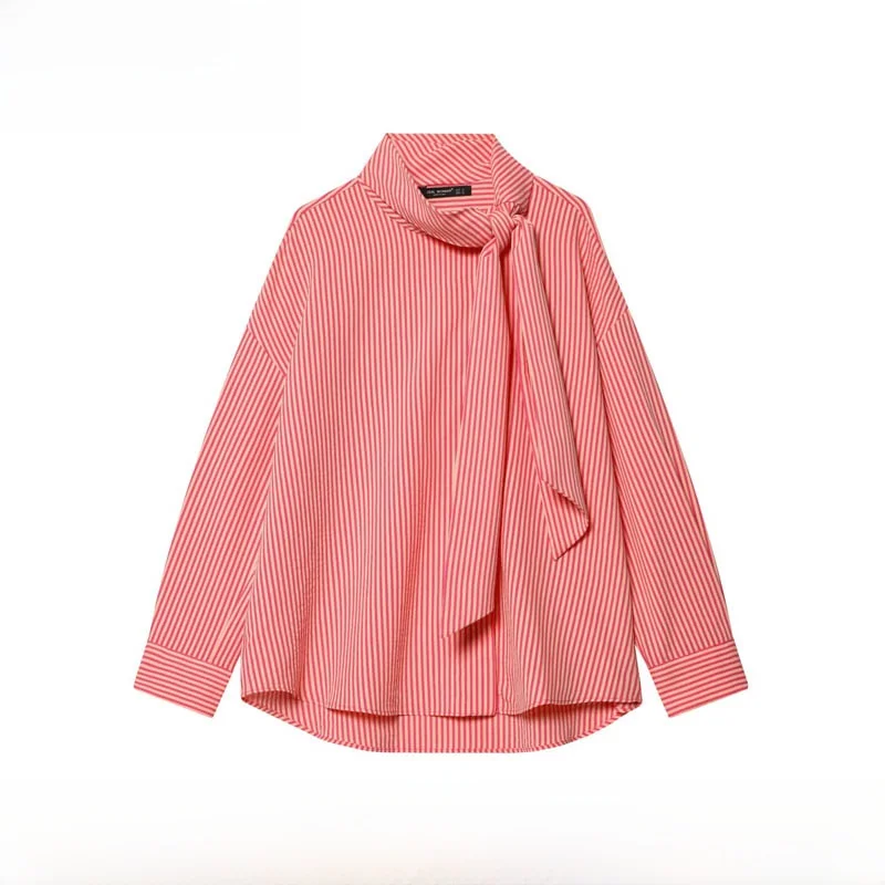 

Fashionable Stripe Shirt Women's Autumn Winter New Arrival Stand Collar Knot All-Match Polyester Long Sleeve Blouse