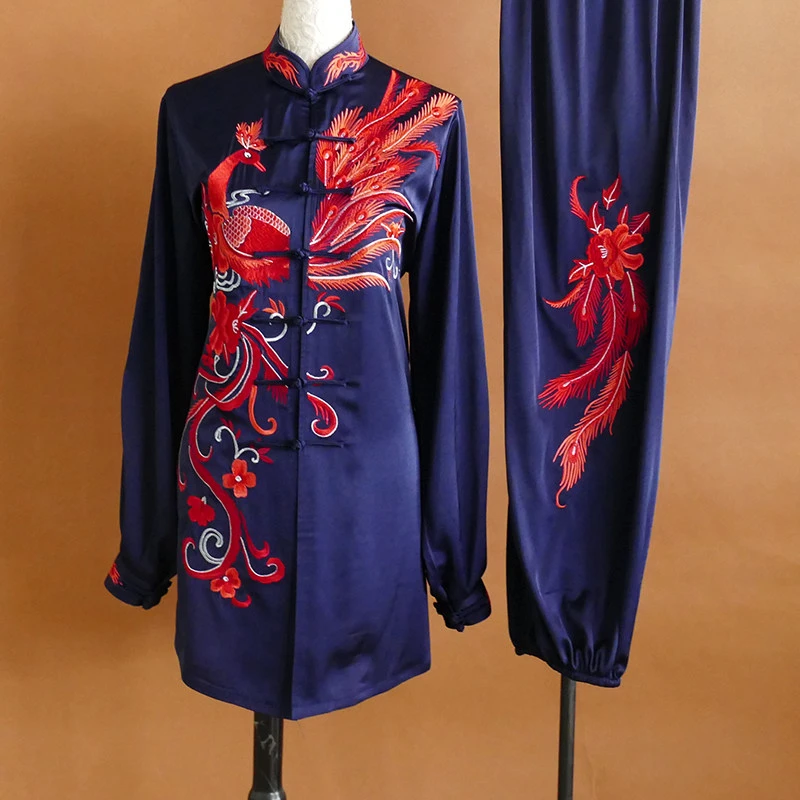 New Custom Phoenix Embroidery Tai Chi Uniform Qigong Dance Fitness Team Competition Performance Costume Men Women Navy Blue