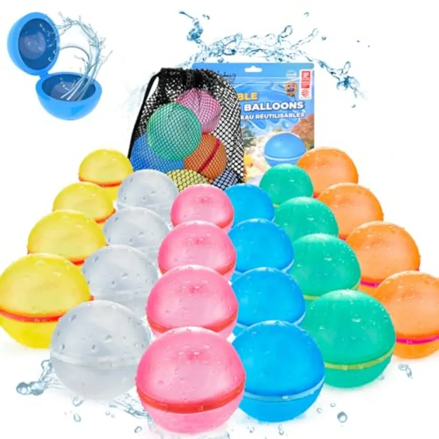 

Outdoor water games: reusable silicone water balloons in blue, self-sealing magnetic refill design for quick fill and splash fu