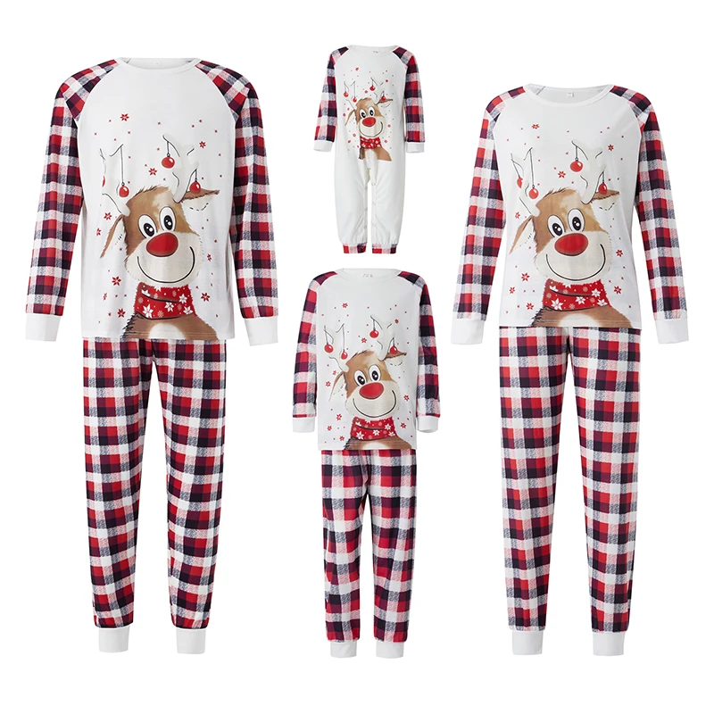 Christmas Family Pajamas with Cartoon Elk Plaid Print, Crew Neck Ribbed Cuffs Holiday Clothing