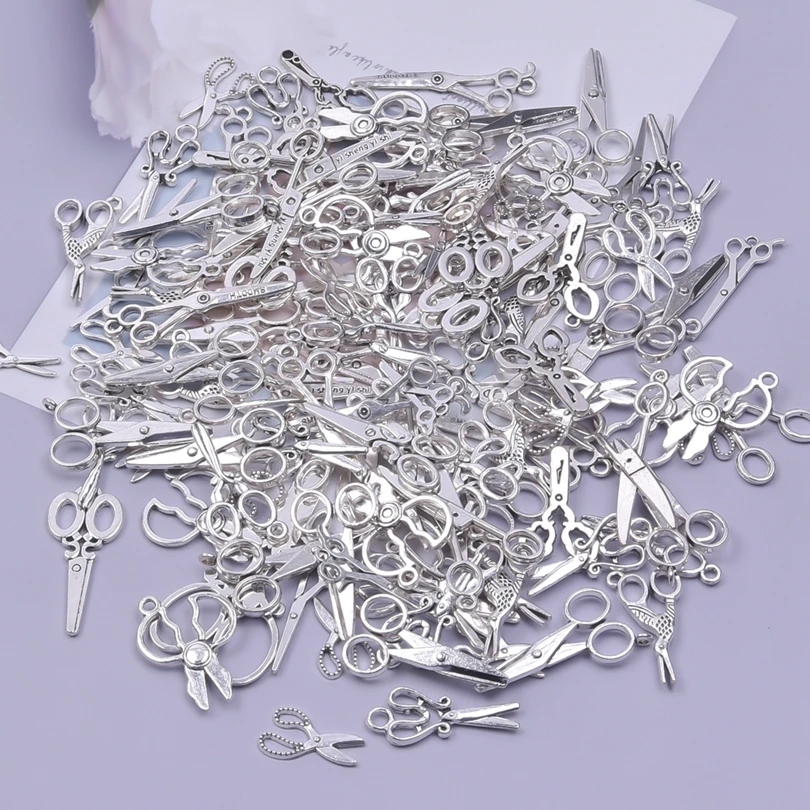 Wholesale Mix Scissors Charms For Jewelry Making Supplies Metal Sewing Tools Pendant Silver Color DIY Materials To Make Keychain