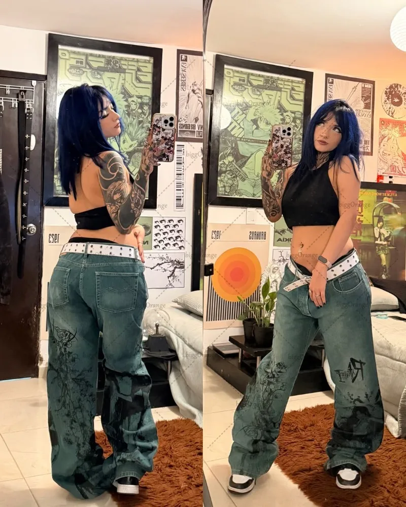 

New Harajuku Y2K Low Waist Micro-flare Trousers Women Vintage Streetwear Blue Denim Trousers Retro Animation Printed Baggy Jeans