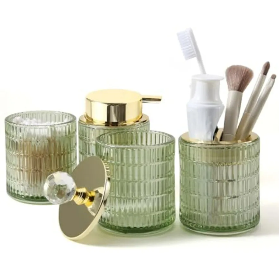 

Bathroom Accessories Set 4Pcs Glass Vanity Set with Foaming Soap Dispenser Toothbrush Holder Bathroom Tumbler Cotton Swab Jars